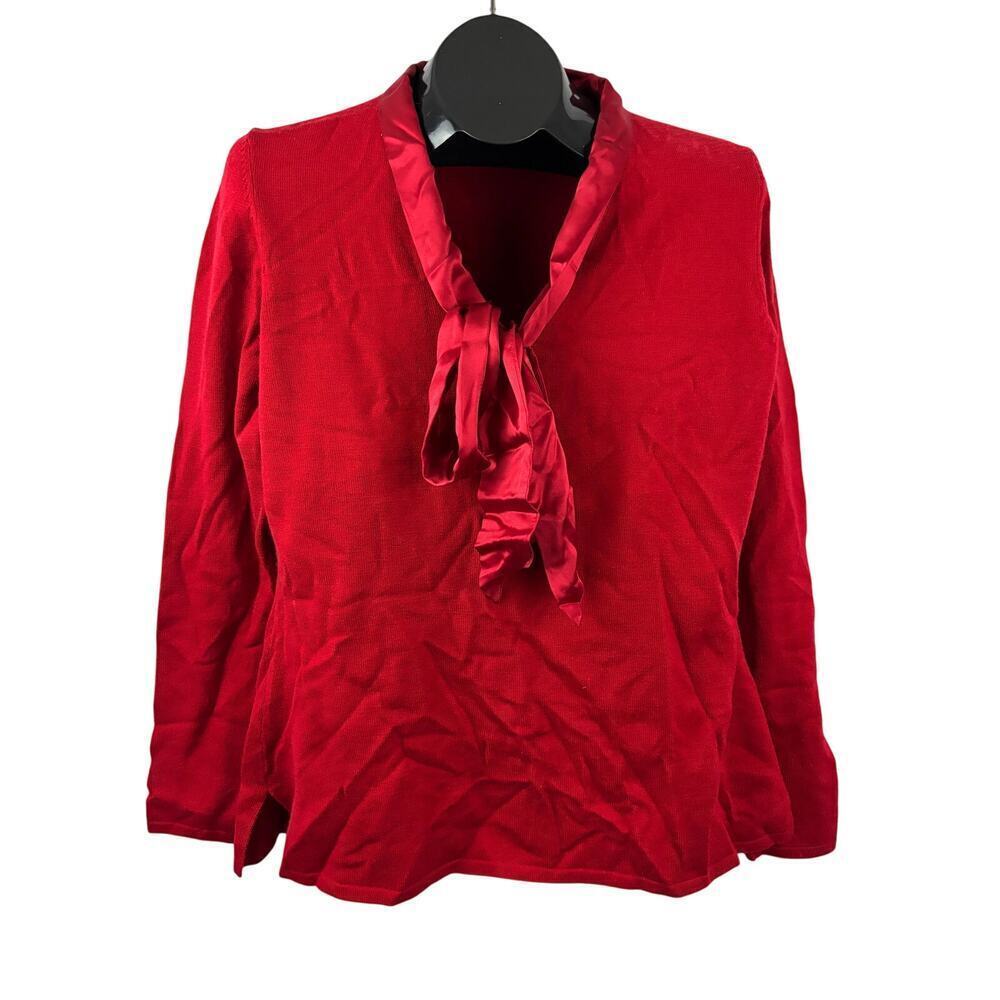 J. Peterman Red Wool Blend Sweater Silk Ribbon Tie Bow‎ Women’s MEDIUM